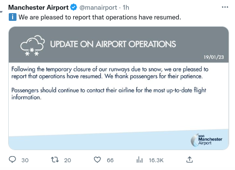 Manchester flights resume after snow cleared from runways